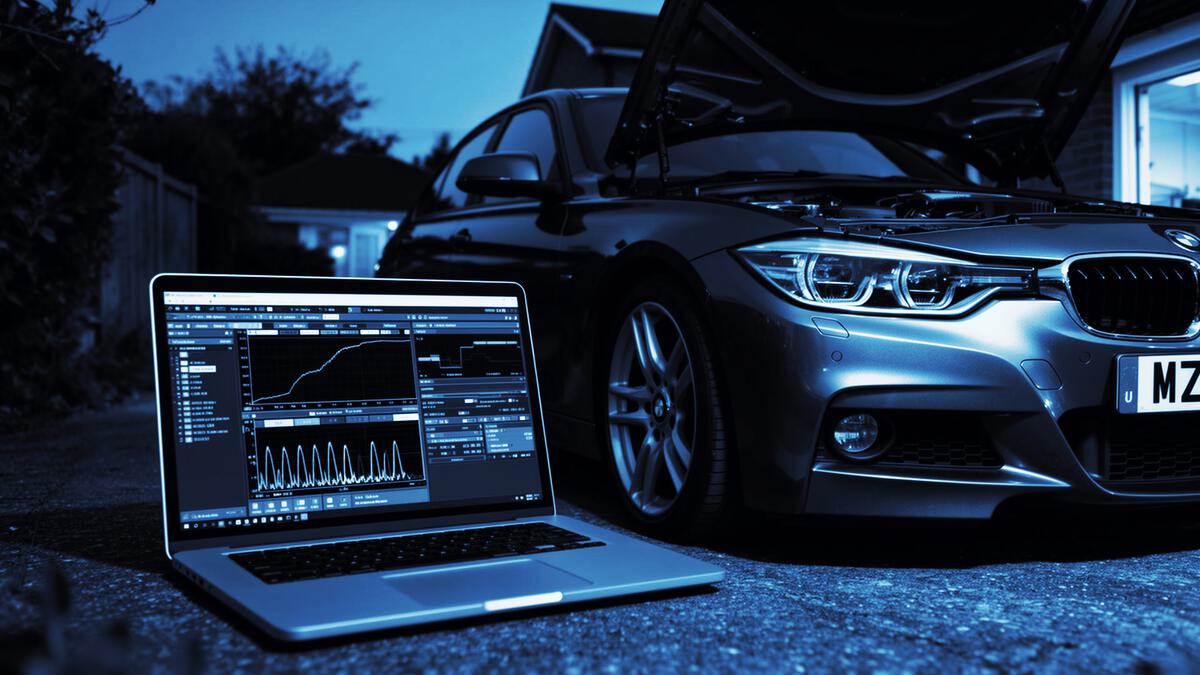 Laptop running ECU calibration software beside a car on a driveway