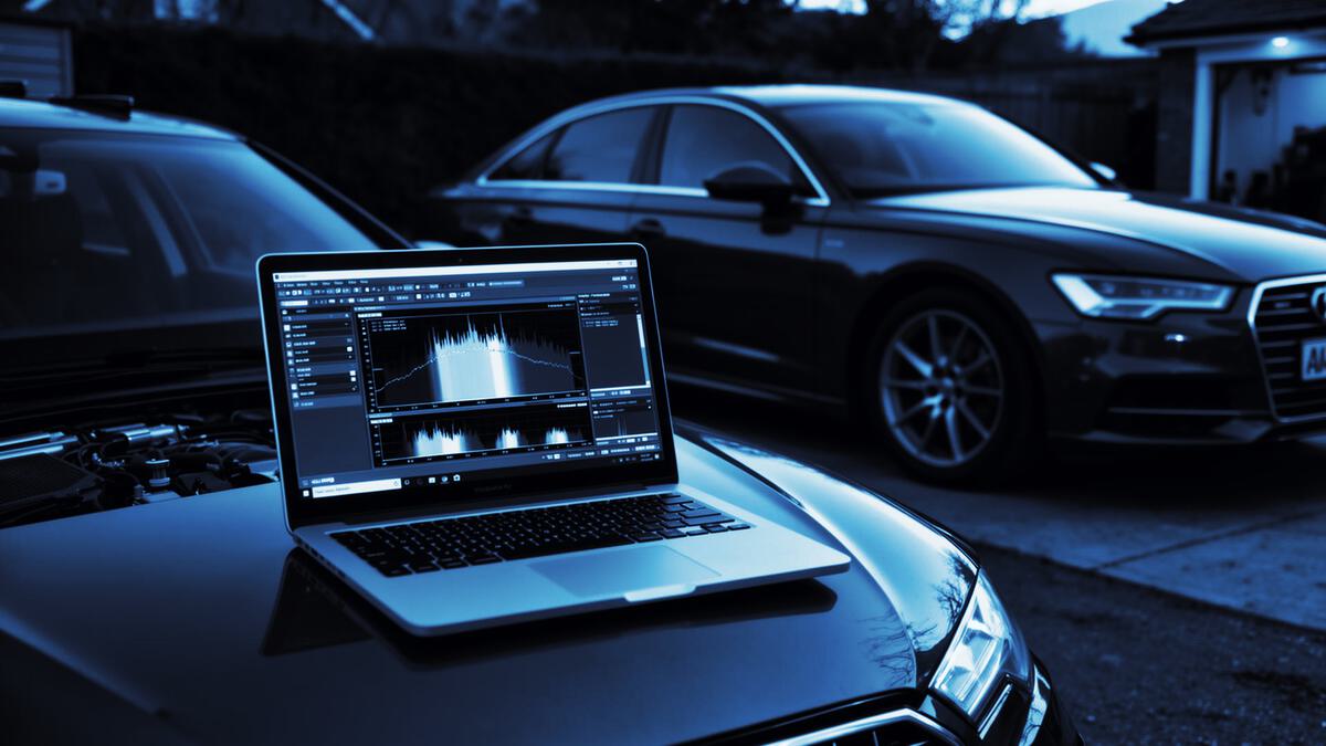 Laptop on the bonnet of a car running transmission tuning software