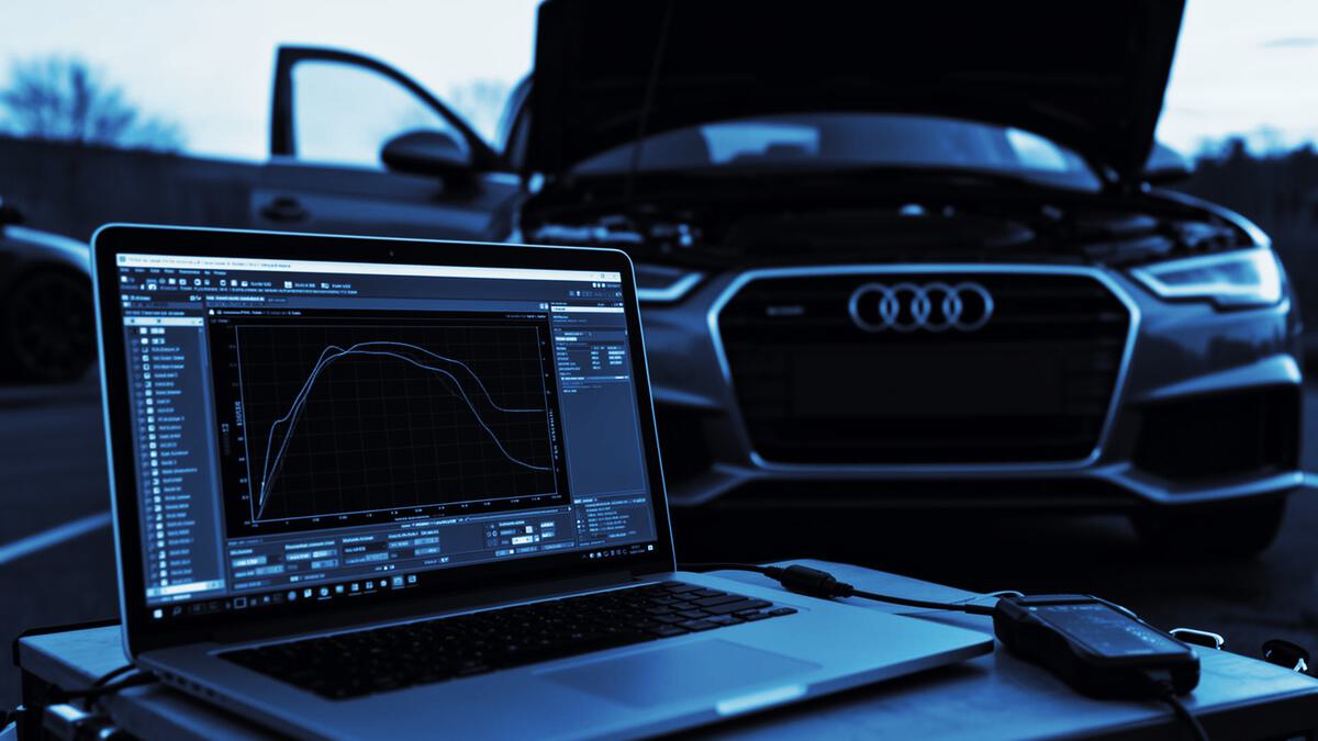 Laptop connected to an Audi for an ECU remap outdoors
